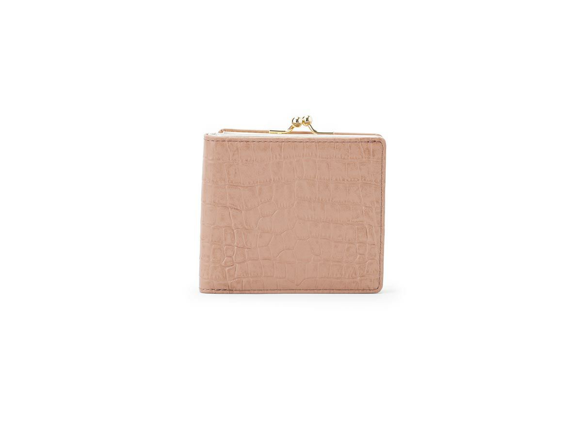 クロコ　外がま口二つ折り財布　モカピンク